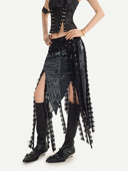 Nico Molly Dark Gothic Asymmetrical Mesh Spliced Tassel Women&