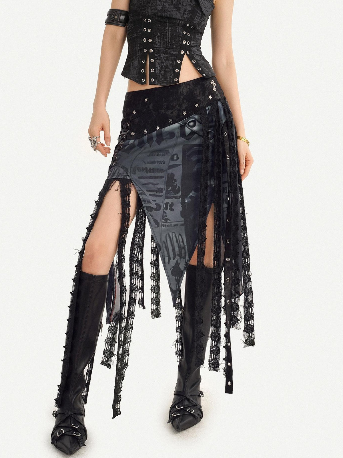 Nico Molly Dark Gothic Asymmetrical Mesh Spliced Tassel Women&