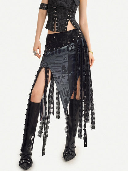 Nico Molly Dark Gothic Asymmetrical Mesh Spliced Tassel Women&