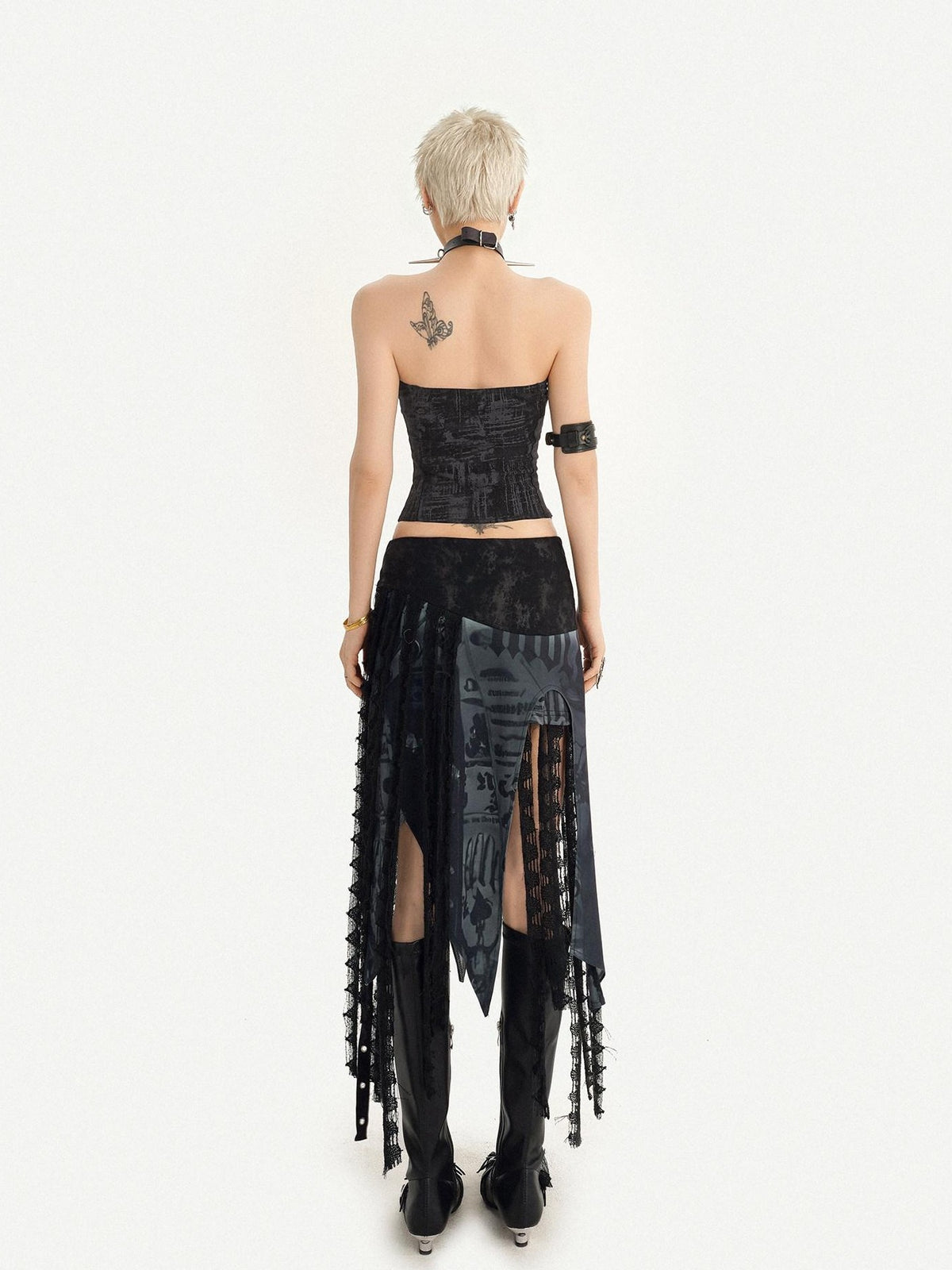 Nico Molly Dark Gothic Asymmetrical Mesh Spliced Tassel Women&
