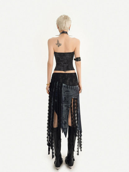 Nico Molly Dark Gothic Asymmetrical Mesh Spliced Tassel Women&