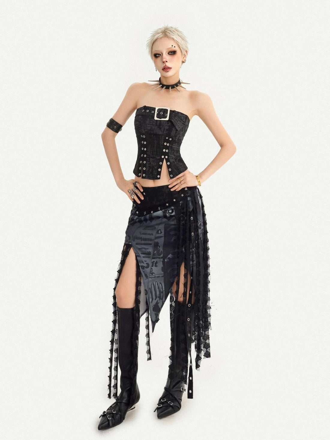 Nico Molly Dark Gothic Asymmetrical Mesh Spliced Tassel Women&