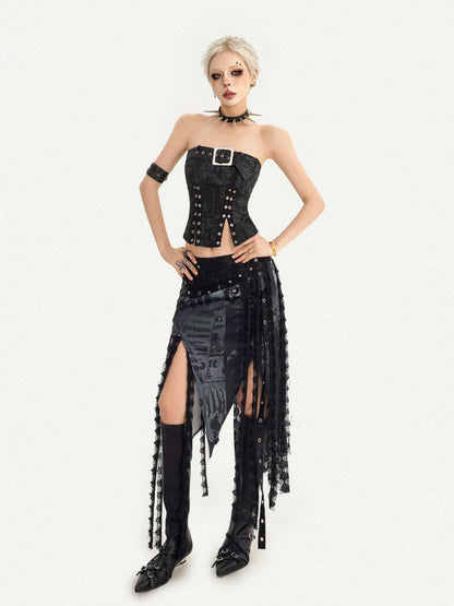 Nico Molly Dark Gothic Asymmetrical Mesh Spliced Tassel Women&