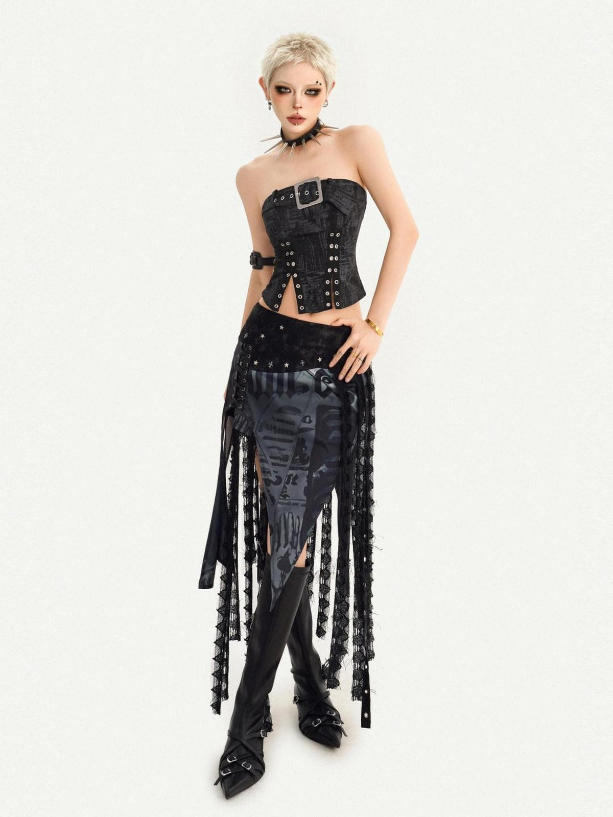 Nico Molly Dark Gothic Asymmetrical Mesh Spliced Tassel Women&