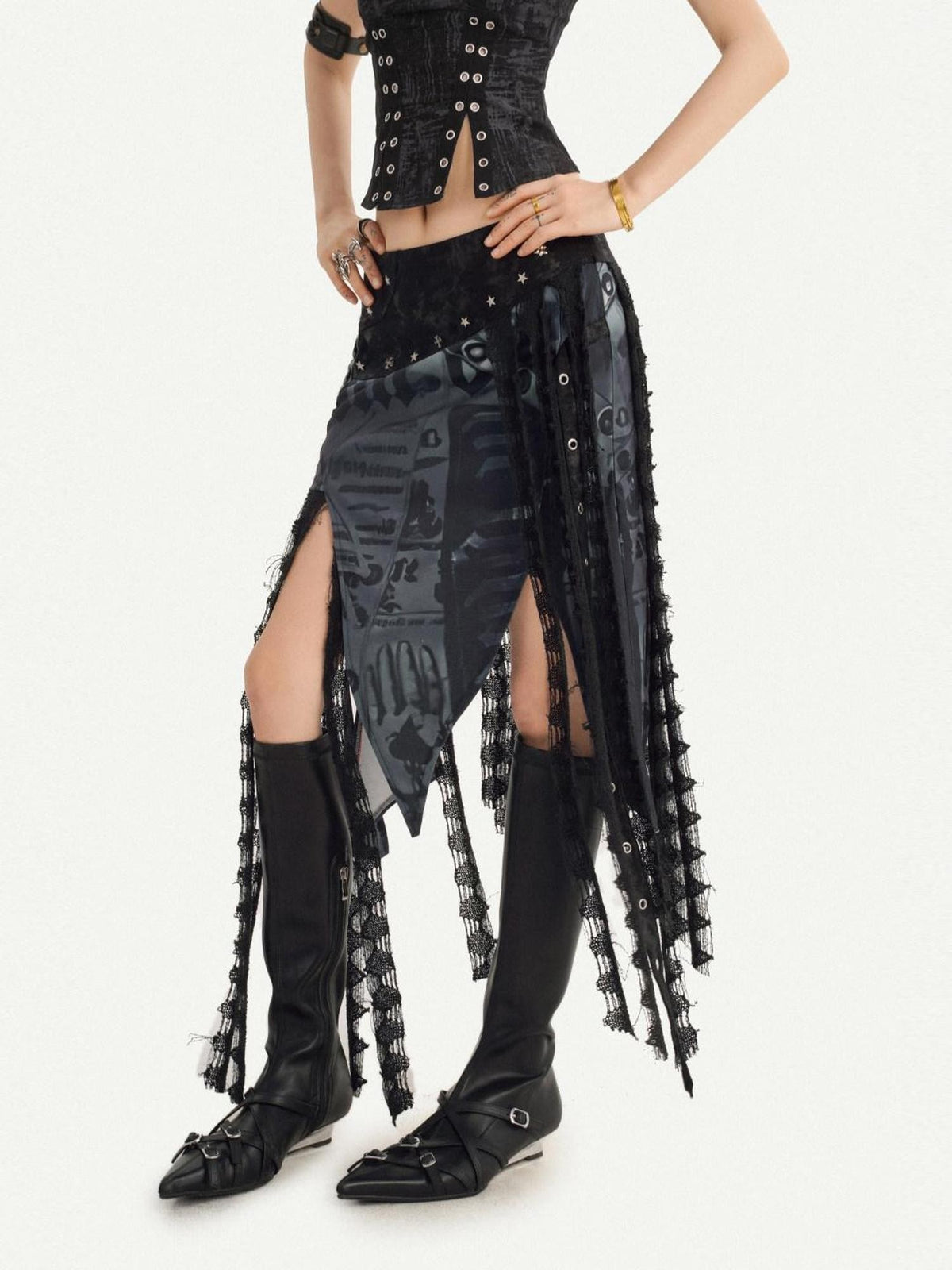 Nico Molly Dark Gothic Asymmetrical Mesh Spliced Tassel Women&