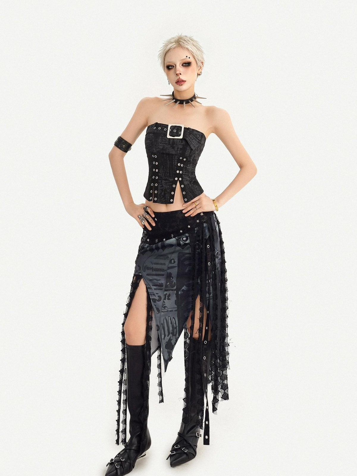 Nico Molly Dark Gothic Asymmetrical Mesh Spliced Tassel Women&