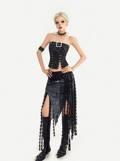 Nico Molly Dark Gothic Asymmetrical Mesh Spliced Tassel Women&