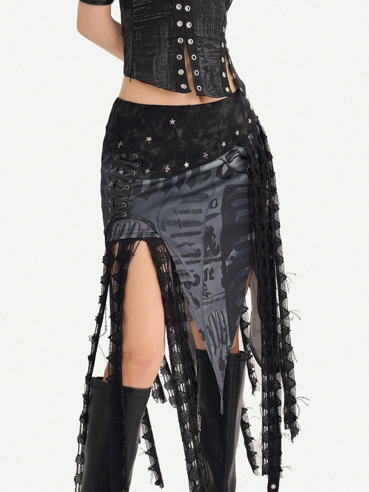Nico Molly Dark Gothic Asymmetrical Mesh Spliced Tassel Women&