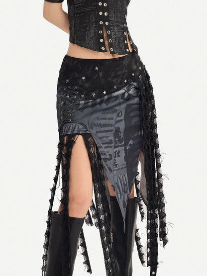 Nico Molly Dark Gothic Asymmetrical Mesh Spliced Tassel Women&