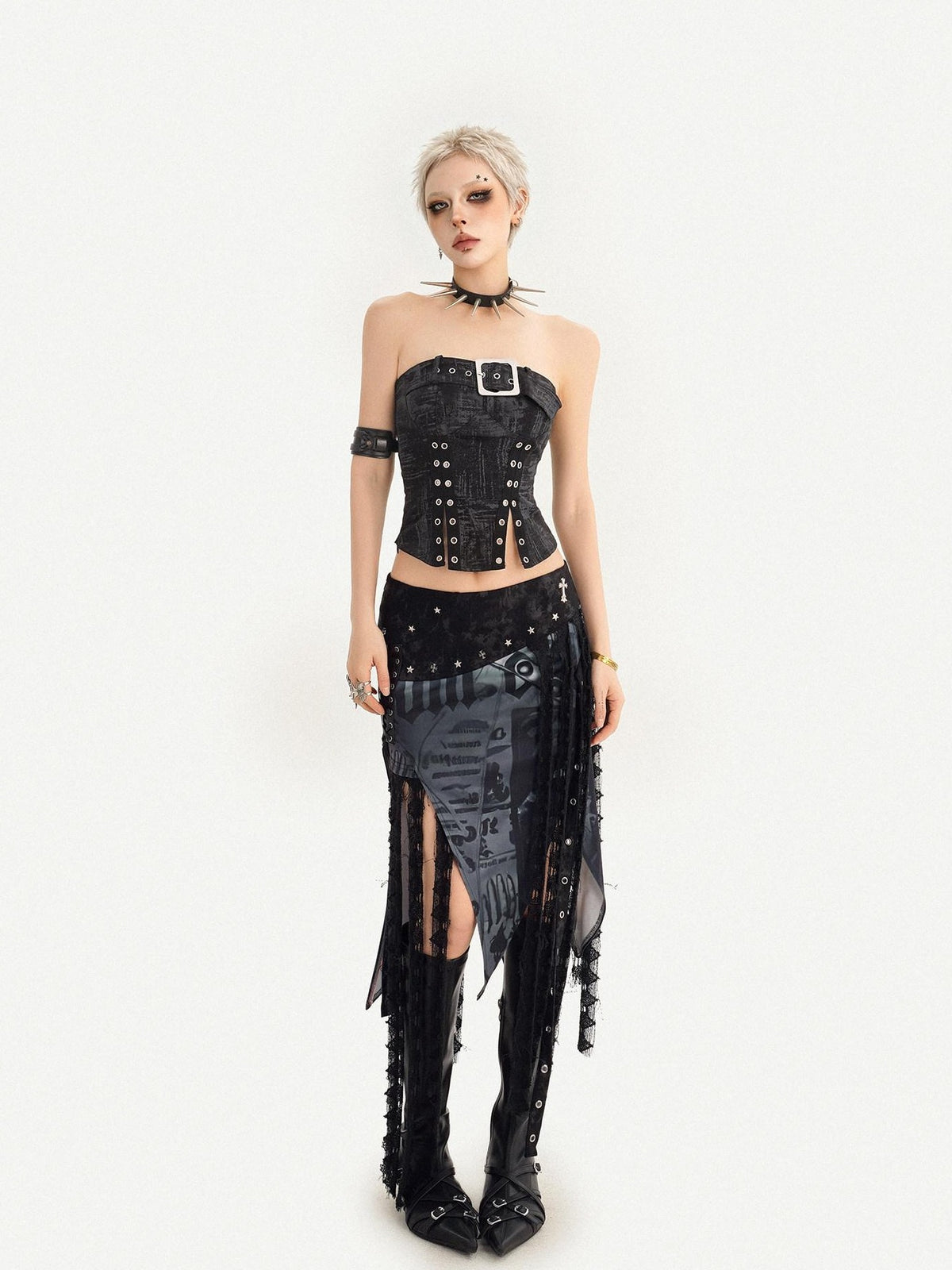 Nico Molly Dark Gothic Asymmetrical Mesh Spliced Tassel Women&