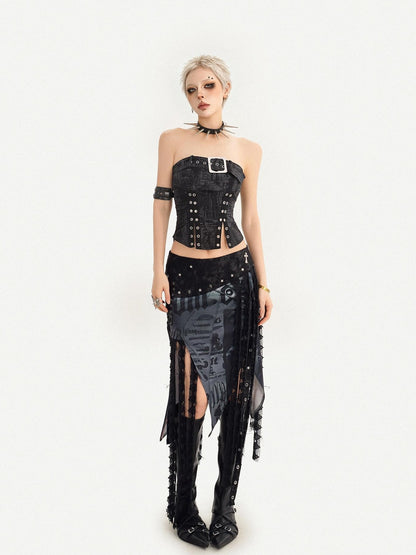 Nico Molly Dark Gothic Asymmetrical Mesh Spliced Tassel Women&