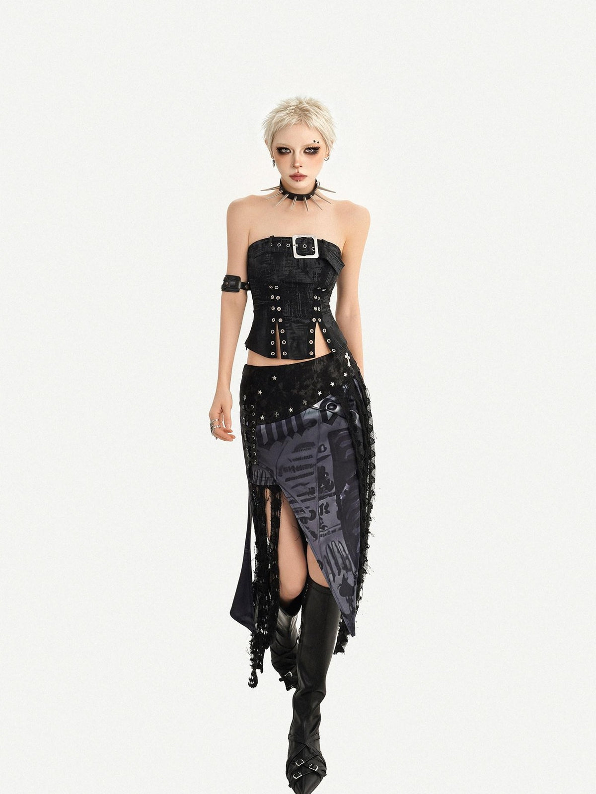 Nico Molly Dark Gothic Asymmetrical Mesh Spliced Tassel Women&
