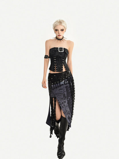 Nico Molly Dark Gothic Asymmetrical Mesh Spliced Tassel Women&