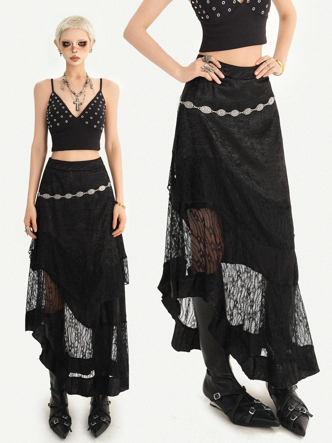 Nico Molly Dark Gothic Lace Patchwork Asymmetric Layered A Line Women&