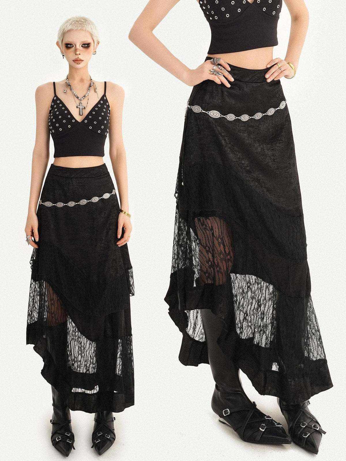 Nico Molly Dark Gothic Lace Patchwork Asymmetric Layered A Line Women&