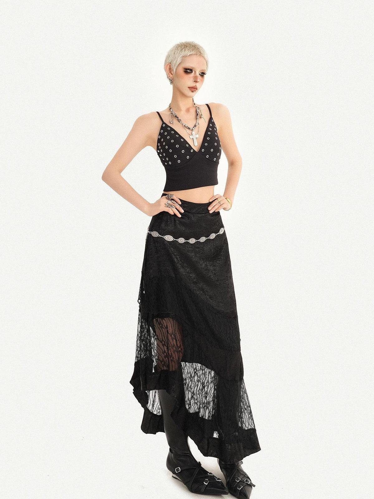 Nico Molly Dark Gothic Lace Patchwork Asymmetric Layered A Line Women&