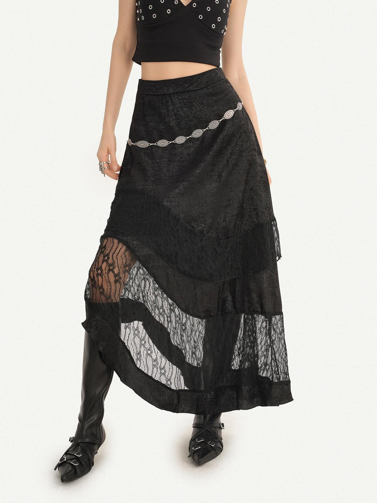 Nico Molly Dark Gothic Lace Patchwork Asymmetric Layered A Line Women&