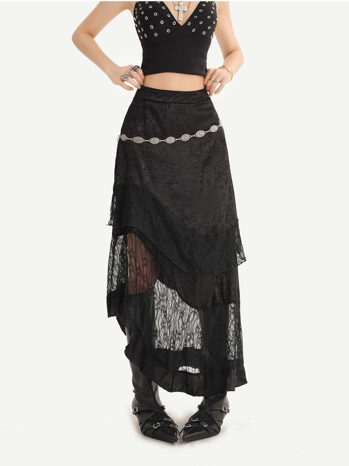Nico Molly Dark Gothic Lace Patchwork Asymmetric Layered A Line Women&