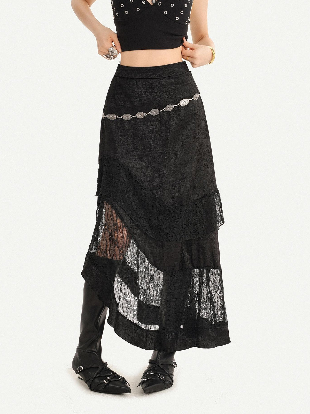 Nico Molly Dark Gothic Lace Patchwork Asymmetric Layered A Line Women&