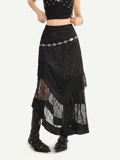 Nico Molly Dark Gothic Lace Patchwork Asymmetric Layered A Line Women&