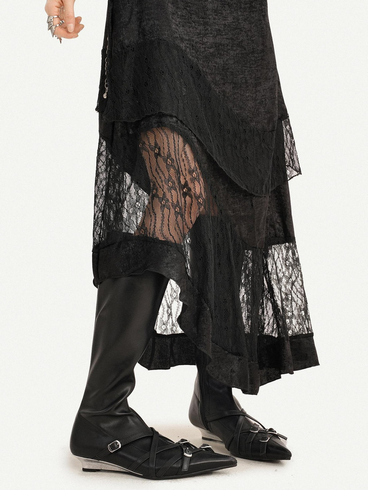 Nico Molly Dark Gothic Lace Patchwork Asymmetric Layered A Line Women&