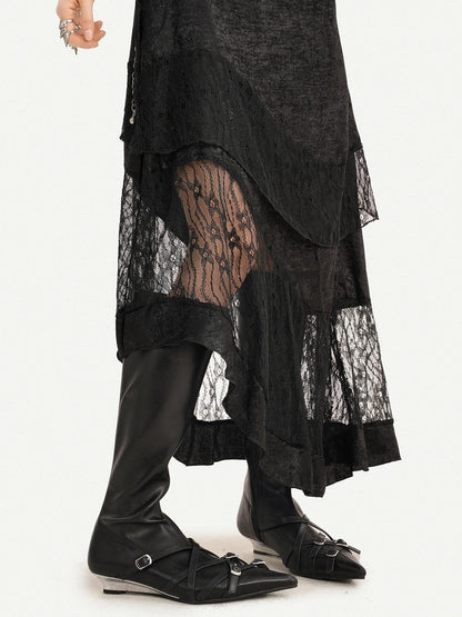 Nico Molly Dark Gothic Lace Patchwork Asymmetric Layered A Line Women&