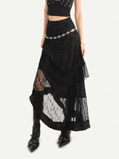 Nico Molly Dark Gothic Lace Patchwork Asymmetric Layered A Line Women&