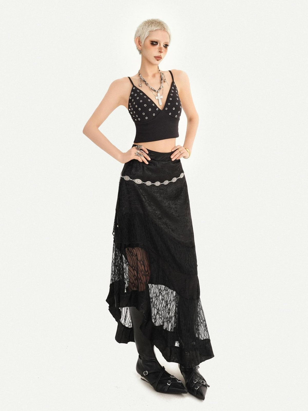 Nico Molly Dark Gothic Lace Patchwork Asymmetric Layered A Line Women&