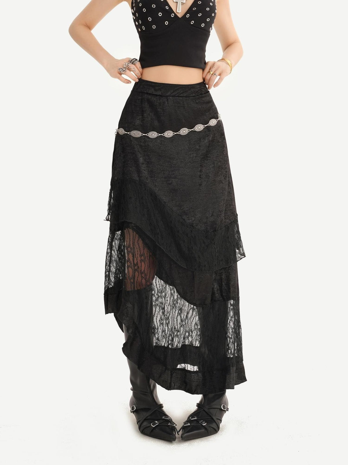 Nico Molly Dark Gothic Lace Patchwork Asymmetric Layered A Line Women&
