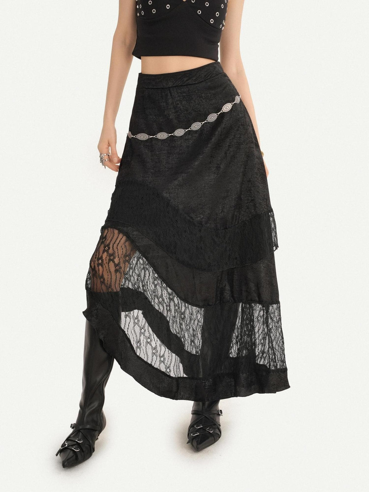 Nico Molly Dark Gothic Lace Patchwork Asymmetric Layered A Line Women&
