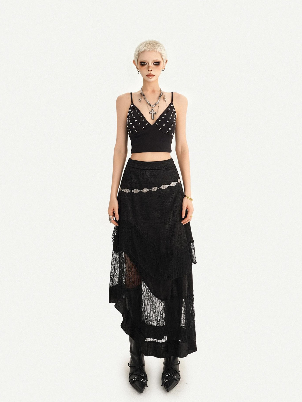 Nico Molly Dark Gothic Lace Patchwork Asymmetric Layered A Line Women&