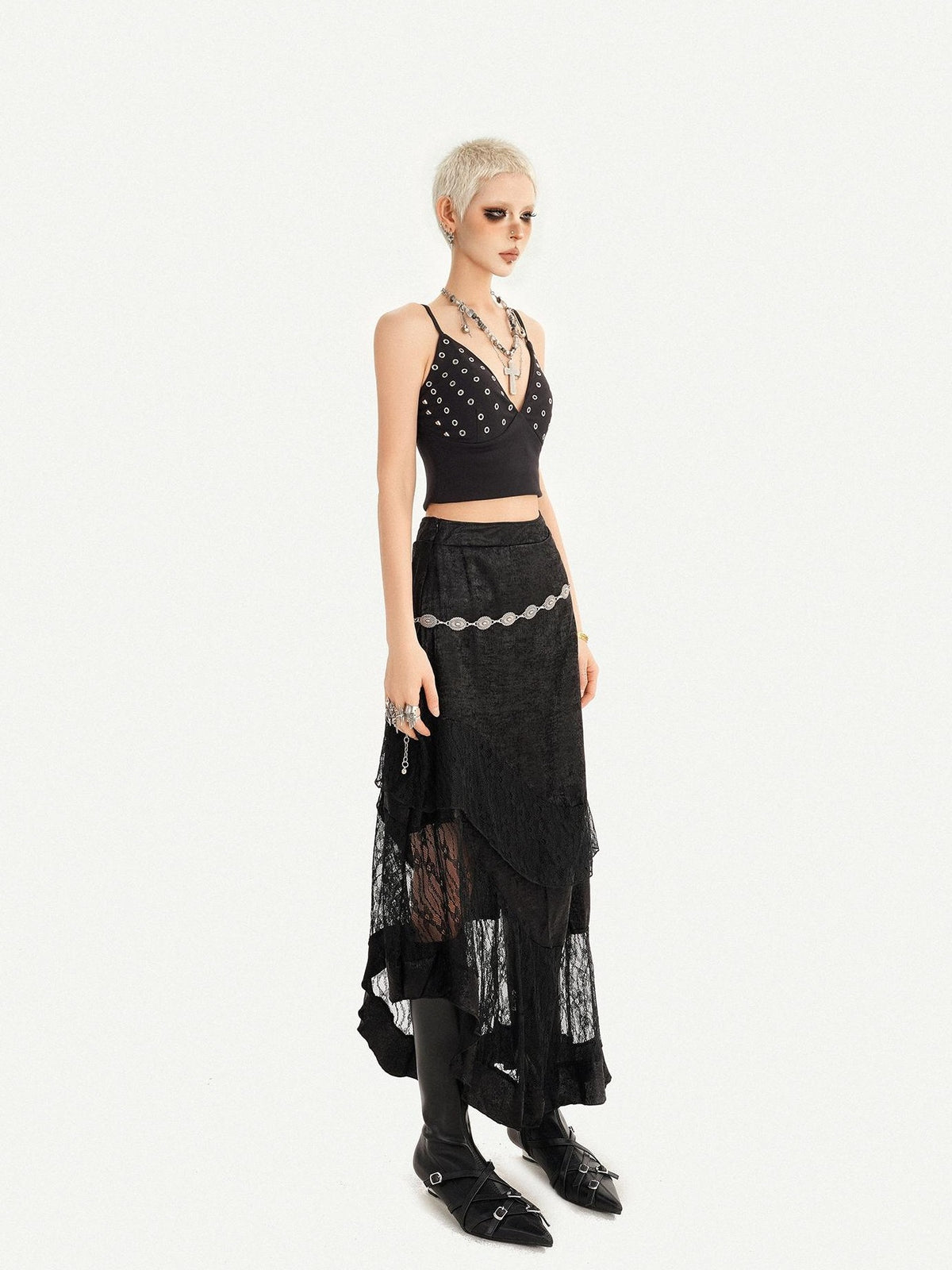 Nico Molly Dark Gothic Lace Patchwork Asymmetric Layered A Line Women&