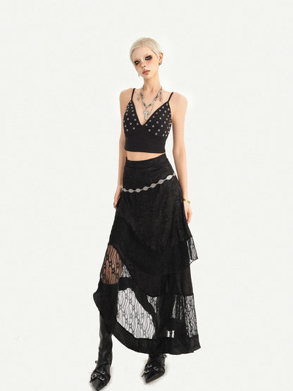 Nico Molly Dark Gothic Lace Patchwork Asymmetric Layered A Line Women&