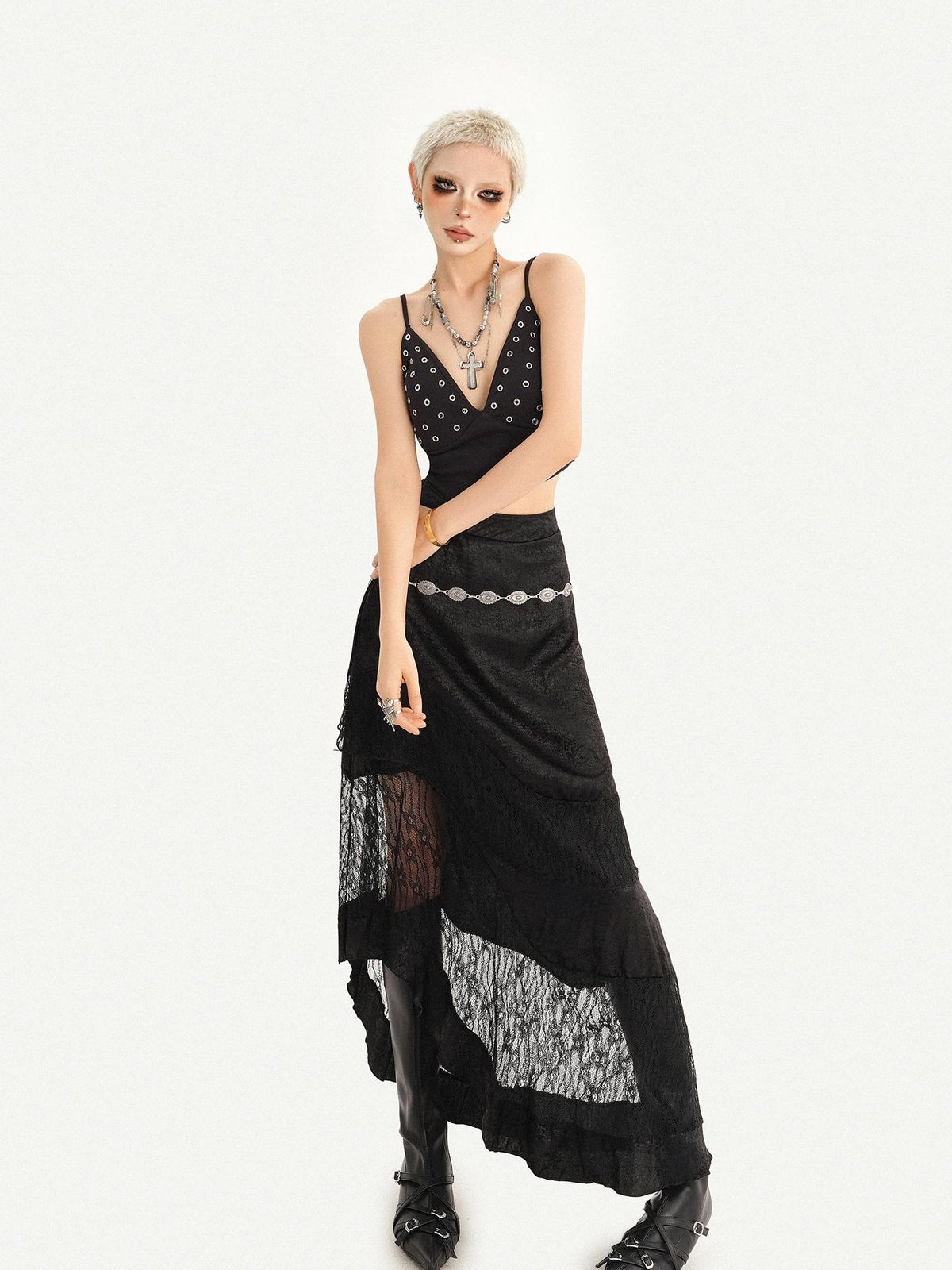 Nico Molly Dark Gothic Lace Patchwork Asymmetric Layered A Line Women&