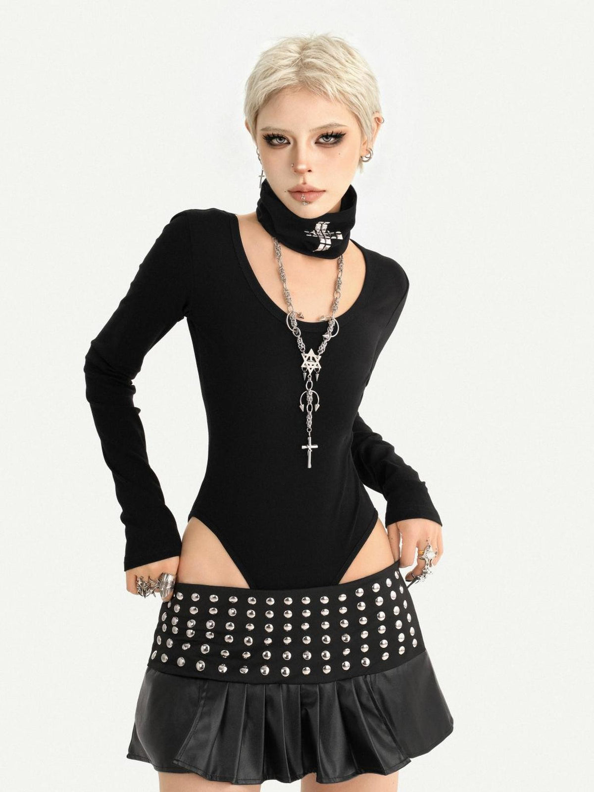 Nico Molly Dark Gothic Studded Pleated Low Waist Women&