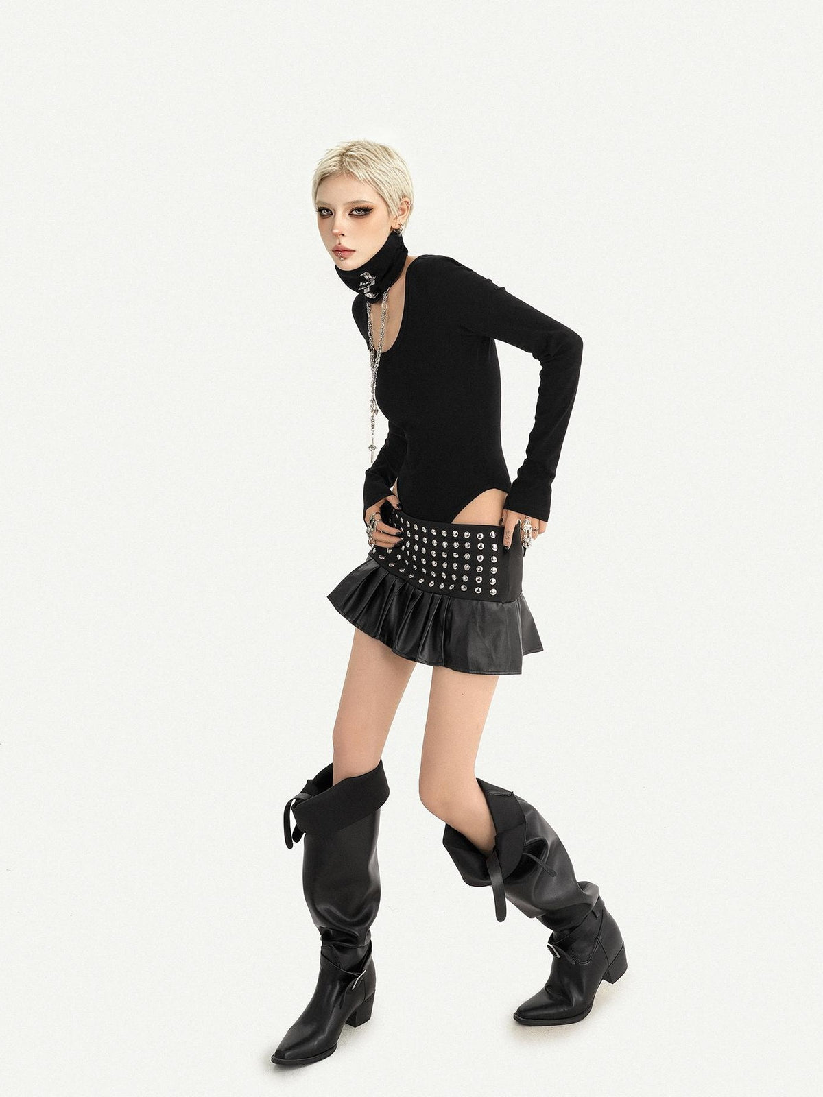 Nico Molly Dark Gothic Studded Pleated Low Waist Women&