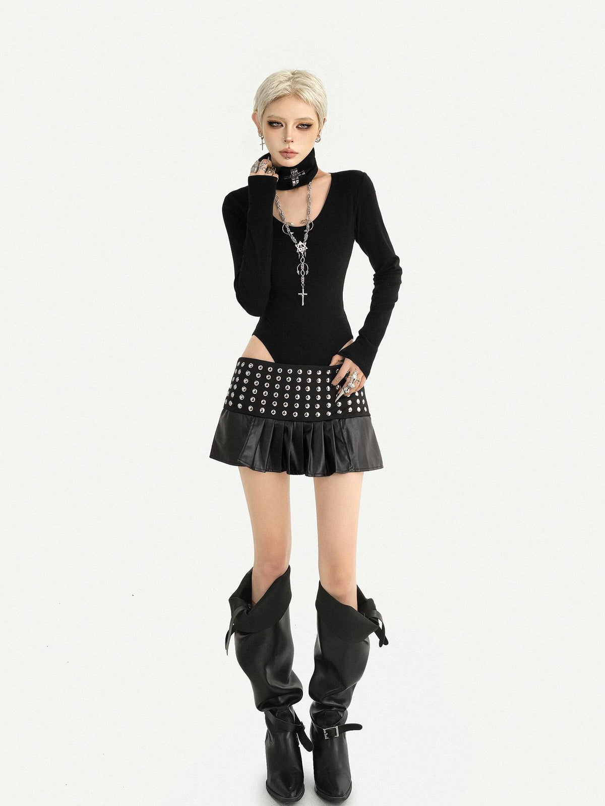 Nico Molly Dark Gothic Studded Pleated Low Waist Women&