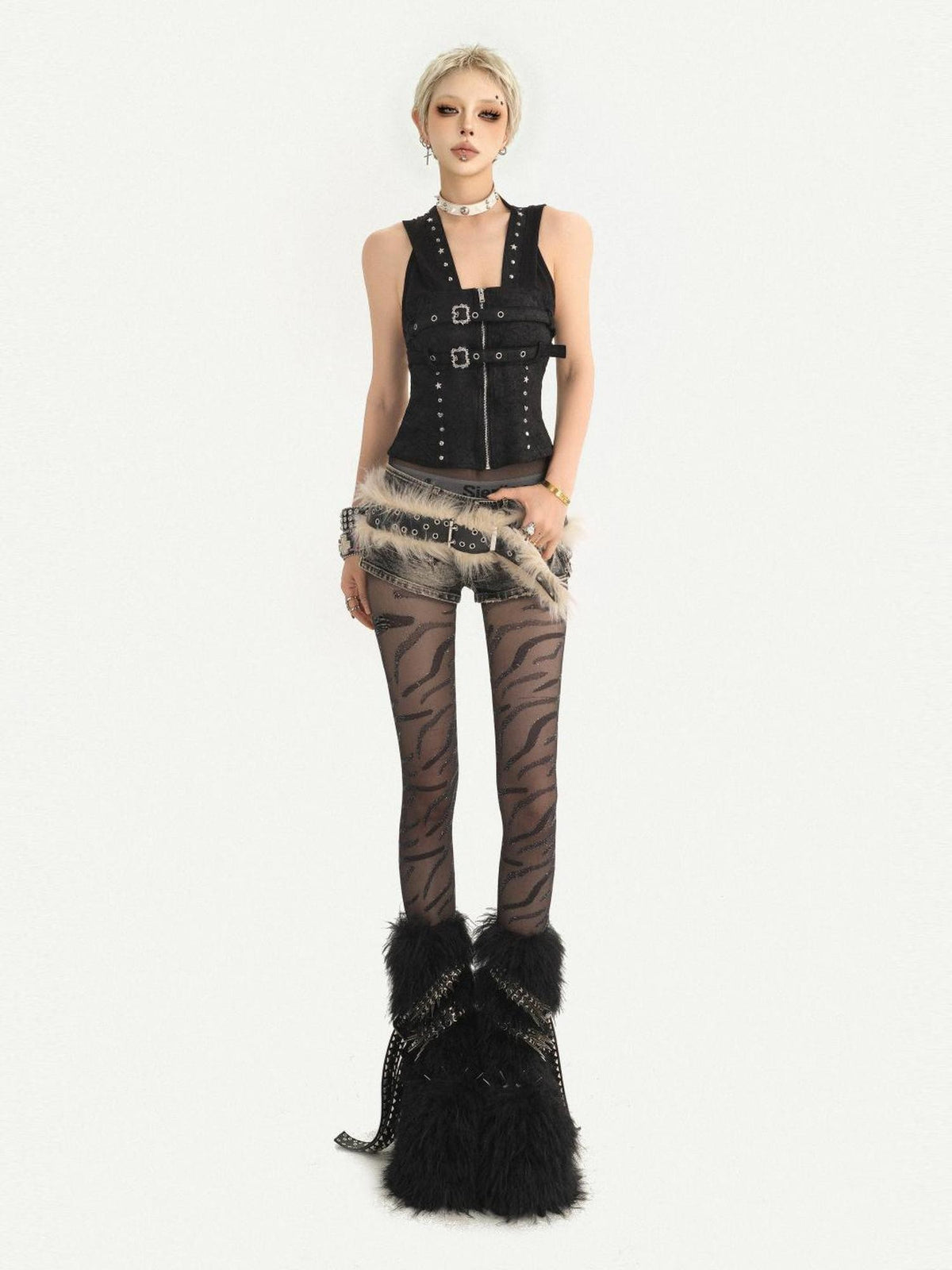 Nico Molly Dark Gothic Studded Zipper Hooded Slim Fit Padded Women&