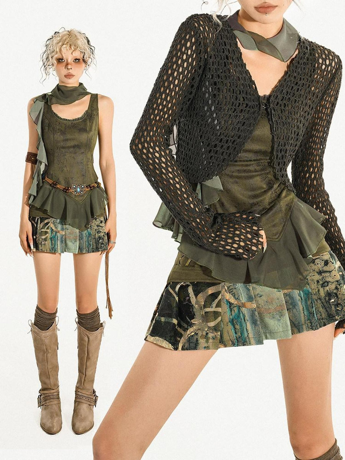 Nico Molly Dark Green Cutout Tie V-neck Retro Street Women&