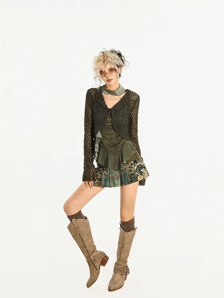 Nico Molly Dark Green Cutout Tie V-neck Retro Street Women&