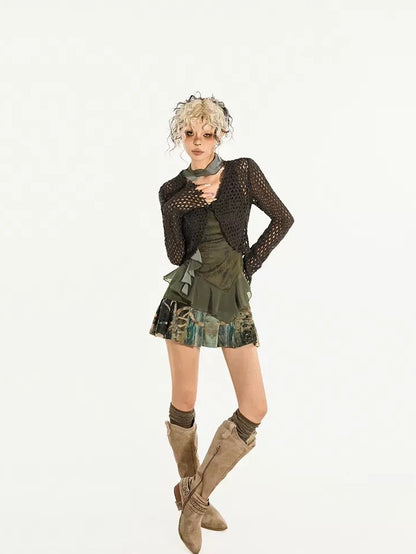 Nico Molly Dark Green Cutout Tie V-neck Retro Street Women&
