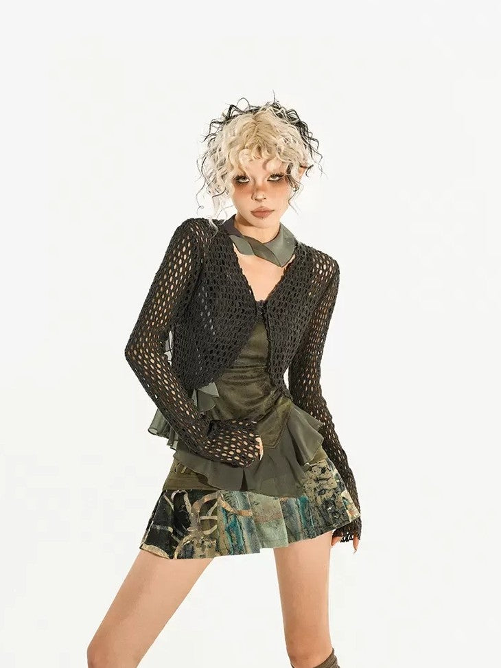 Nico Molly Dark Green Cutout Tie V-neck Retro Street Women&