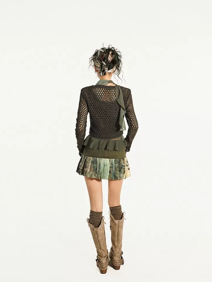 Nico Molly Dark Green Cutout Tie V-neck Retro Street Women&