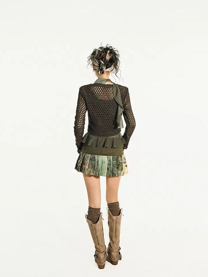 Nico Molly Dark Green Cutout Tie V-neck Retro Street Women&