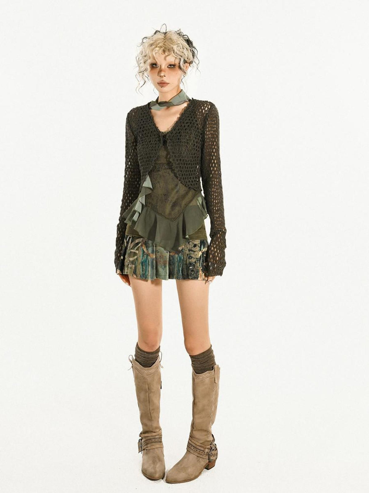 Nico Molly Dark Green Cutout Tie V-neck Retro Street Women&