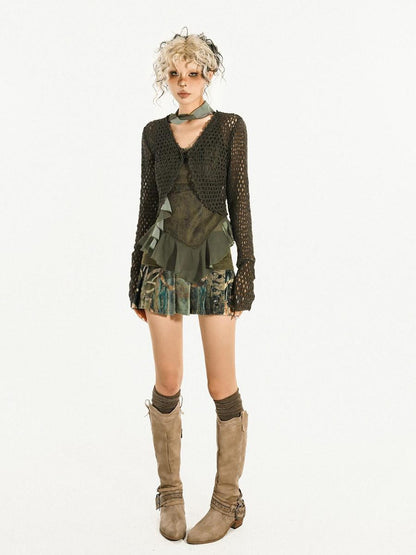 Nico Molly Dark Green Cutout Tie V-neck Retro Street Women&