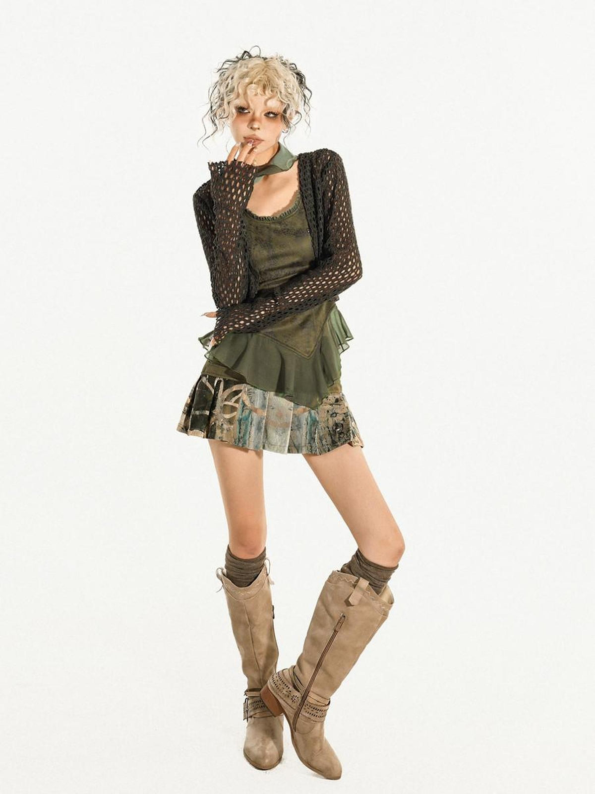 Nico Molly Dark Green Cutout Tie V-neck Retro Street Women&