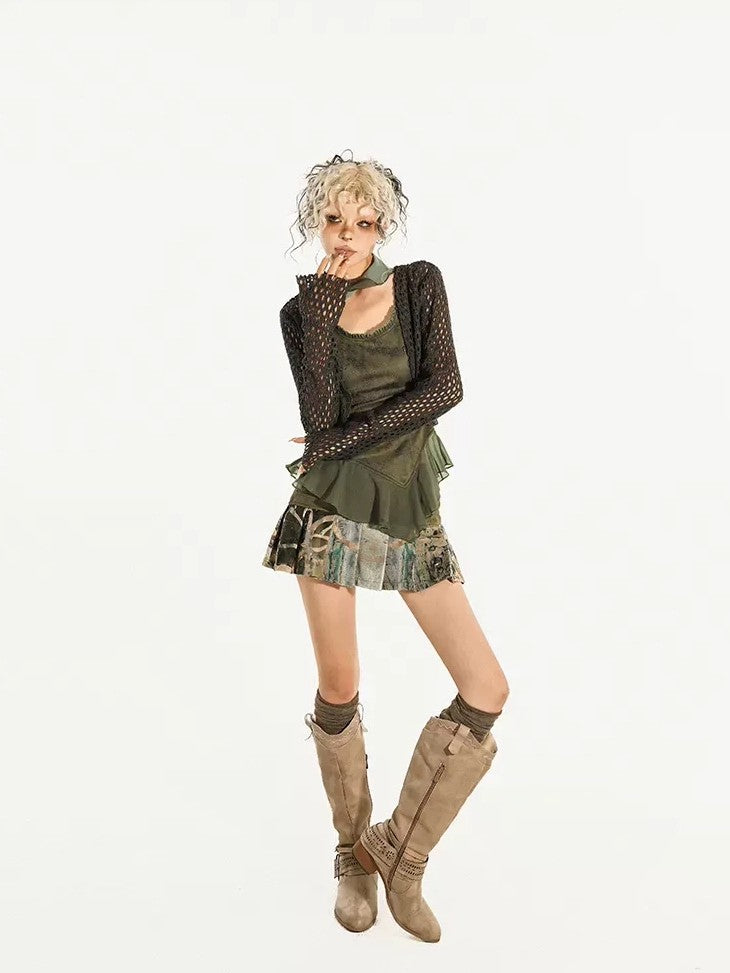Nico Molly Dark Green Cutout Tie V-neck Retro Street Women&