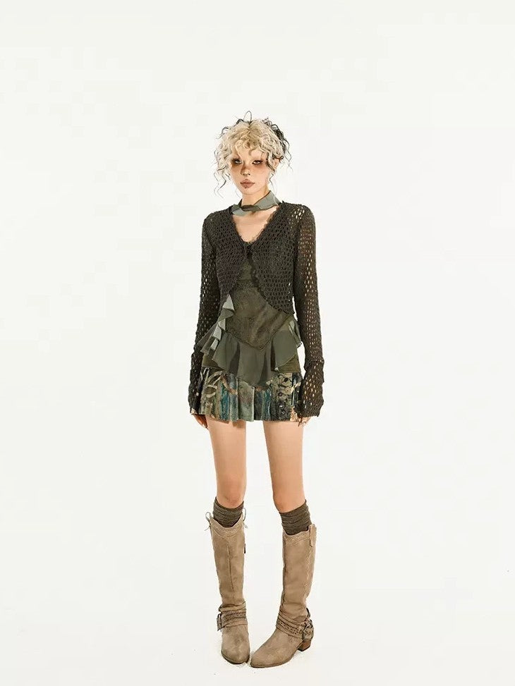 Nico Molly Dark Green Cutout Tie V-neck Retro Street Women&