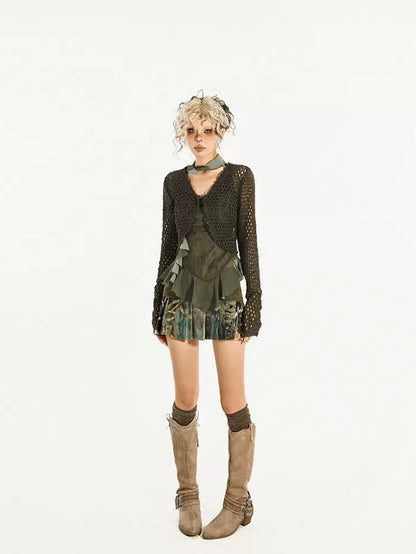 Nico Molly Dark Green Cutout Tie V-neck Retro Street Women&